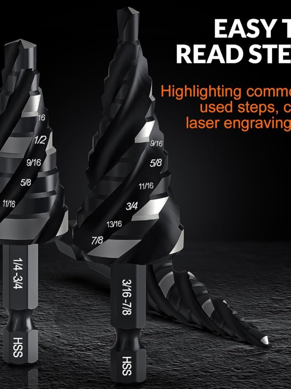 Four Spiral Flute Step Drill Bit Set, 3 Pcs HSS Step Drill Bits 1/8"-7/8" Unibit - Picture 5 of 8